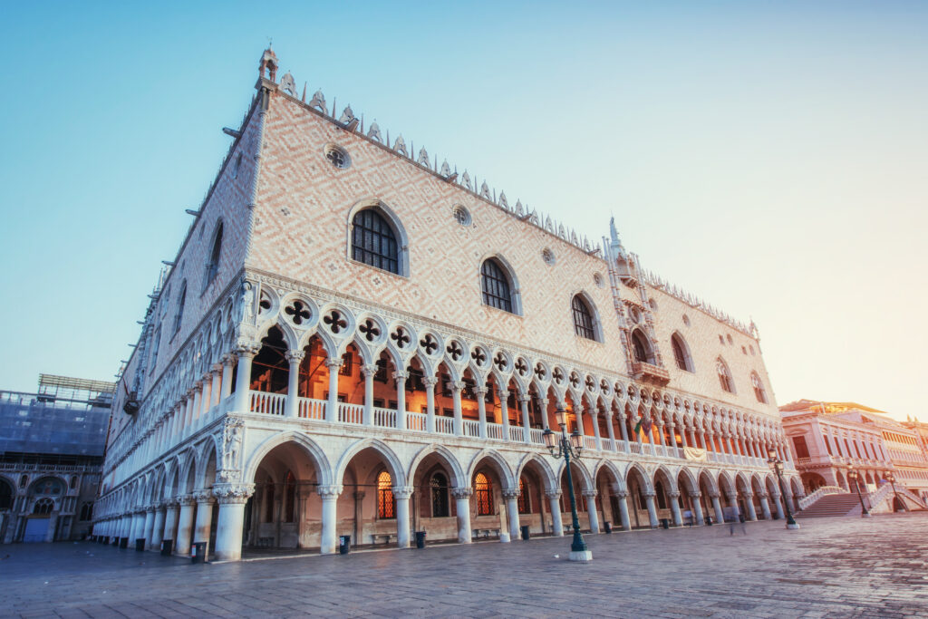 Venetian Gothic architecture at sunset, empty square